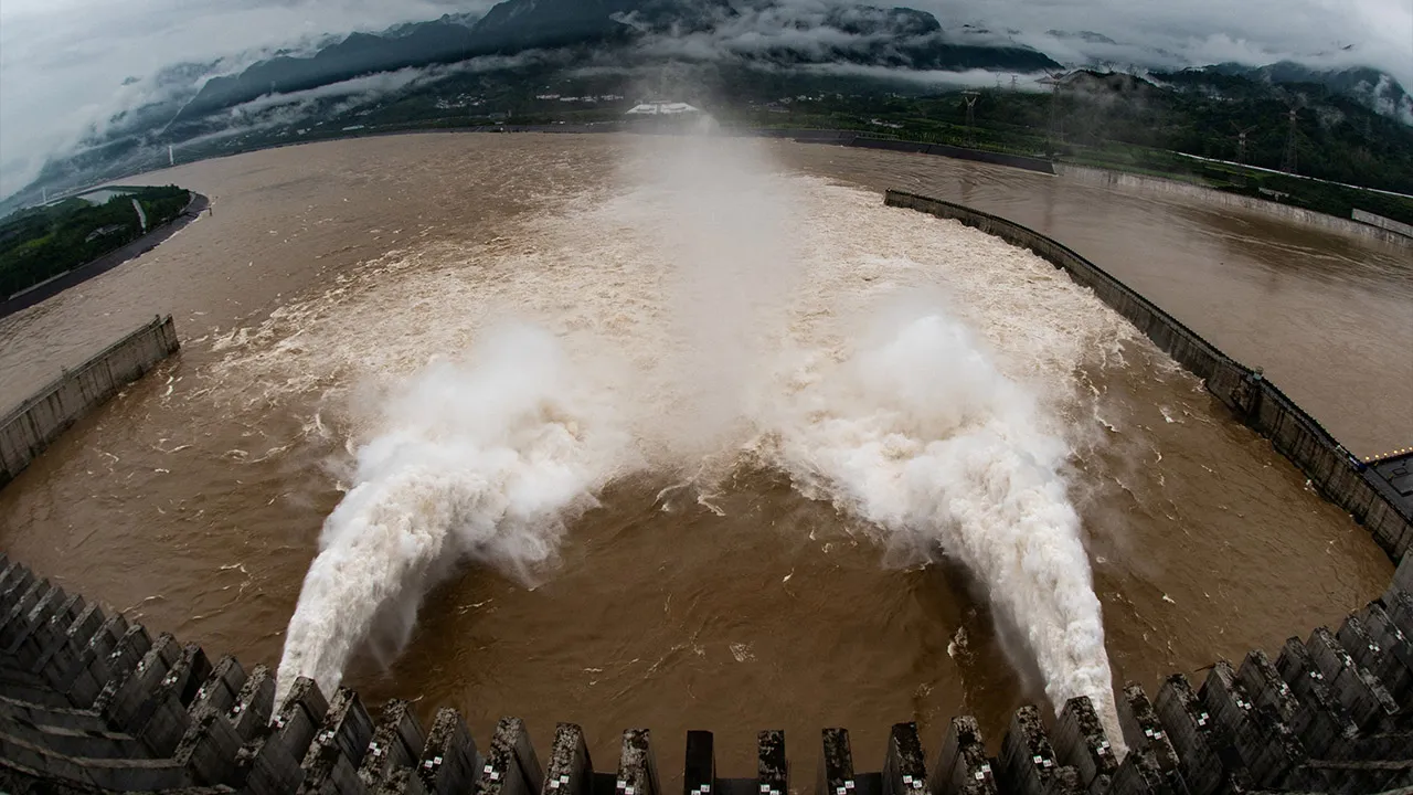 The Three Gorges Dam on the Yangtze River discharges water to lower the water level in the reservoir following heavy rainfall and floods in a few regions, in Yichang, Hubei province, China July 17, 2020. Picture taken July 17, 2020. China Daily via REUTERS