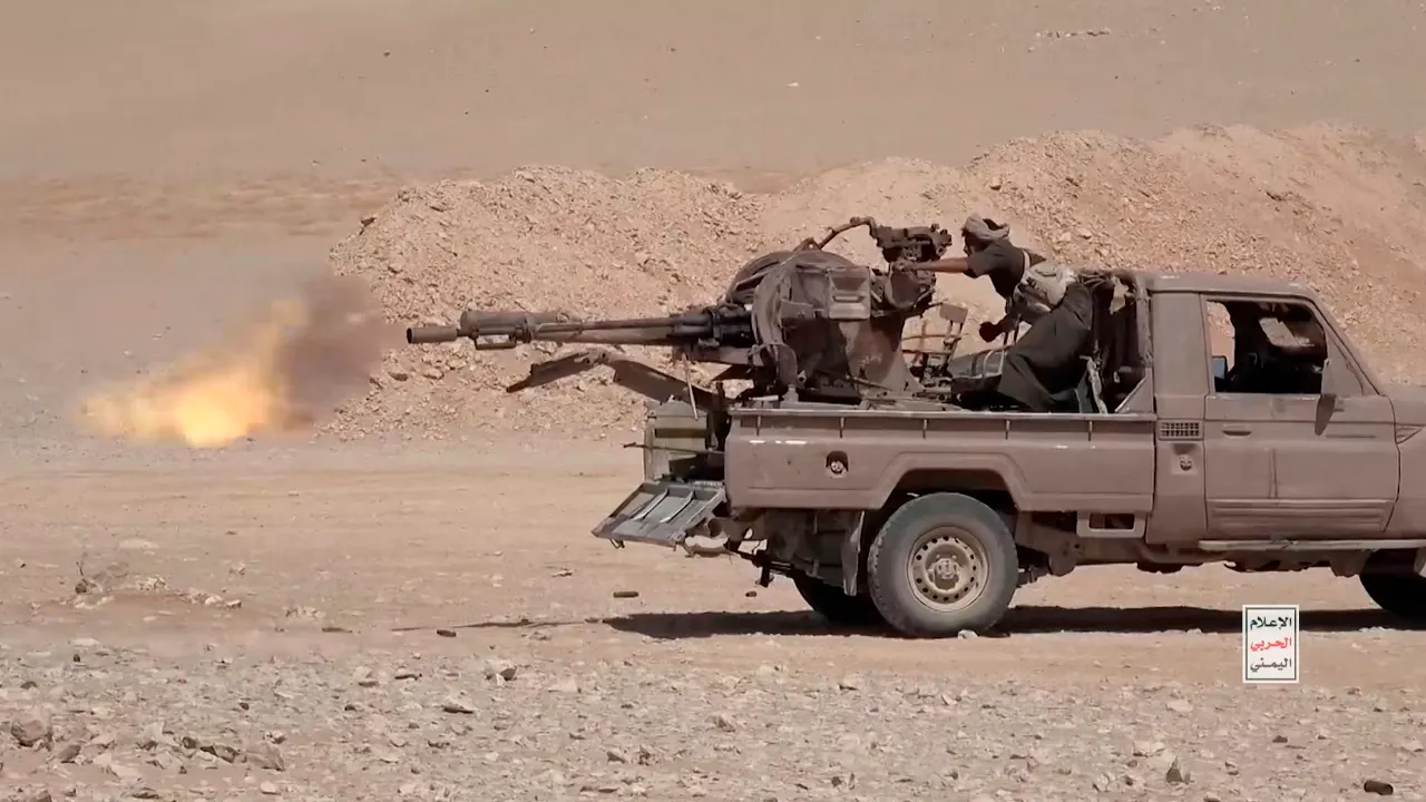 An Iran-aligned Houthi fighter fires from a vehicle in a location given as al Jawf governorate, Yemen, September 15, 2026. via Houthi Military Media _REUTERS