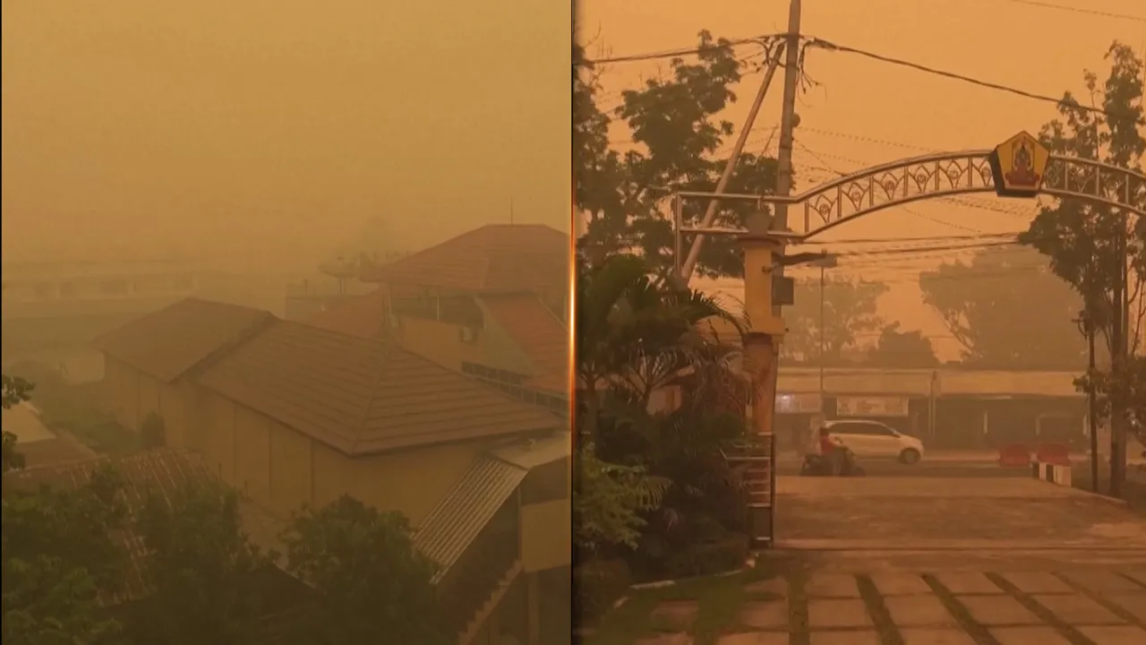 Central Kalimantan was shrouded in thick orange haze on Wednesday due to ongoing forest fires in Indonesia. Eyewitness video showed skies blanketed in an orange hue. Video credit: Eleonora Gandesa -- REUTERS