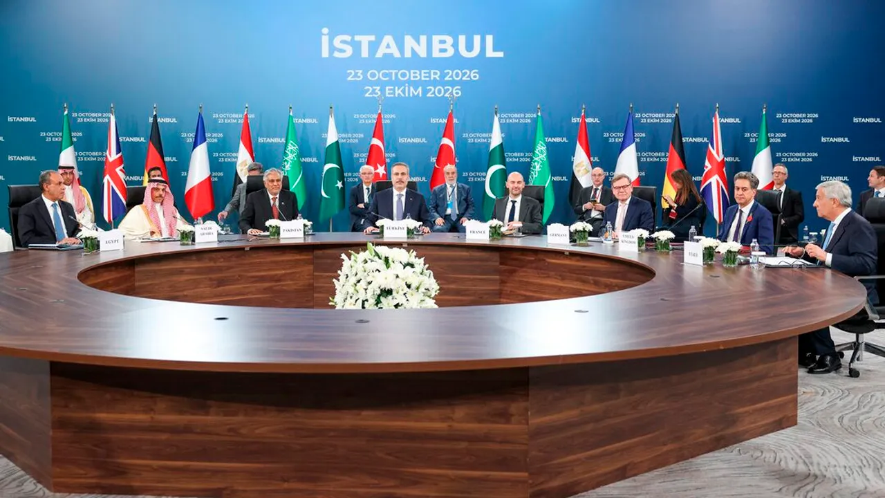 Turkish Foreign Minister Hakan Fidan, Egyptian Foreign Minister Badr Abdelatty, Pakistan's Deputy Prime Minister and Foreign Minister Mohammad Ishaq Dar, Saudi Arabia's Foreign Minister Prince Faisal bin Farhan Al Saud, French Minister for Europe and Foreign Affairs Jean-Noel Barrot, German Foreign Minister Johann Wadephul, British Foreign Secretary Ed Miliband and Italian Minister of Foreign Affairs International Cooperation Antonio Tajani attend a meeting in Istanbul, Turkey, October 23, 2026. REUTERS/Mur
