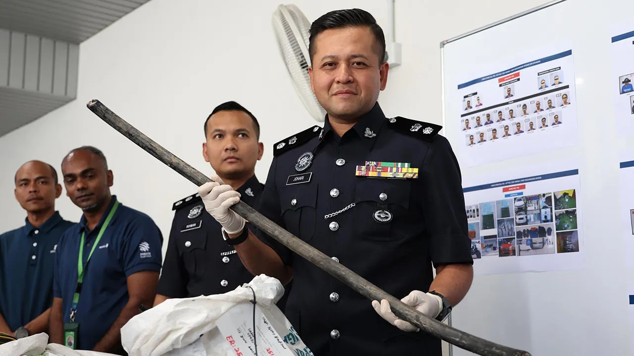 NILAI, 2 Okt - Ketua Polis Daerah Nilai Superintenden Johari Yahya menunjukkan barangan rampasan pada sidang media kejayaan tangkapan kes kecurian kabel dan pecah masuk premis telekomunikasi di Ibu Pejabat Polis Daerah Nilai hari ini. Polis menumpaskan tujuh sindiket dianggotai 47 individu yang terlibat mencuri kabel dan peralatan serta pecah masuk premis telekomunikasi di daerah ini dari Januari hingga 30 Sept melibatkan kerugian kira-kira RM4.5 juta. - fotoBERNAMA (2026) HAK CIPTA TERPELIHARA