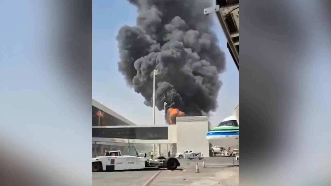 This image from video obtained and verified by AP shows thick black smoke and flames rising from a fire at King Khalid International Airport in Riyadh, Saudi Arabia, Friday, Oct. 9, 2026. (UGC via AP)