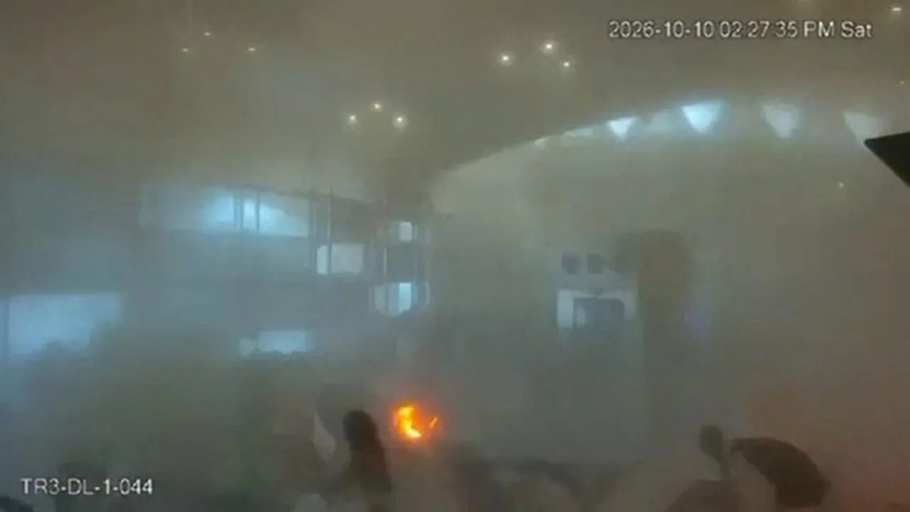 Surveillance footage shows smoke and fire at the moment of an attack at King Khalid International Airport in Riyadh, Saudi Arabia, October 10, 2026, in this frame from a handout video. Saudi Ministry of Media/Handout via REUTERS THIS IMAGE HAS BEEN SUPPLIED BY A THIRD PARTY. OVERLAY FROM SOURCE. VERIFICATION: Reuters verified the location from the CCTV of the boarding gate from the infrastructure and furniture that matched the archive and satellite imagery from terminal 3 at King Khalid International Airpor