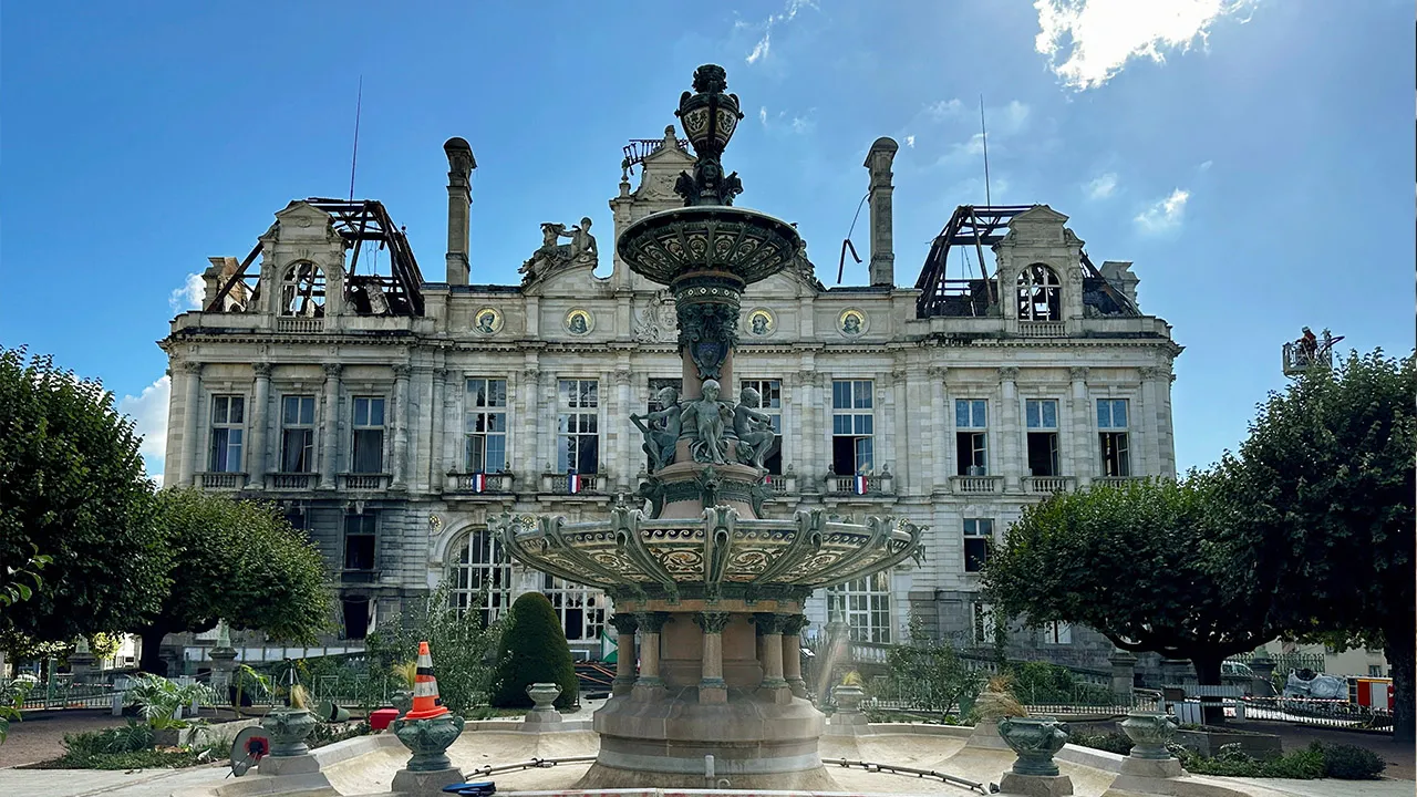 Burnt and destroyed Limoges town hall, which was set ablaze and largely destroyed in an arson attack amid demonstrations against the cost of living and rising fuel prices, in Limoges, France, October 18, 2026. Picture taken by mobile phone. REUTERS/Clotaire Achi