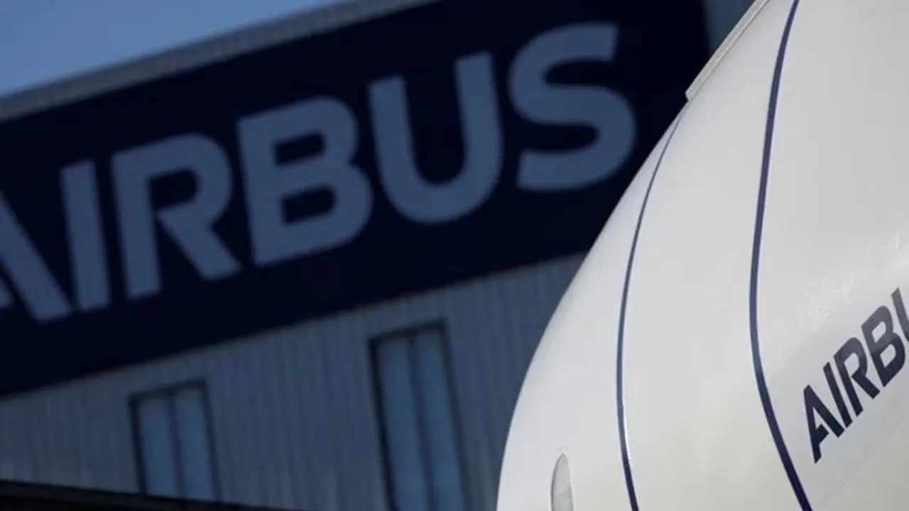The logo of Airbus is pictured outside the Airbus facility in Saint-Nazaire, France, November 7, 2023. REUTERS/Stephane Mahe