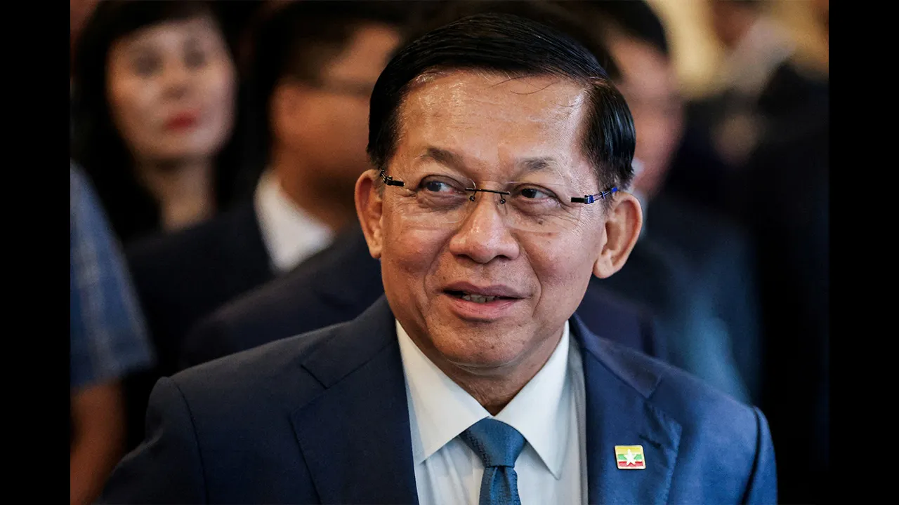 Myanmar's President Min Aung Hlaing gestures at the Vietnam-Myanmar Business Forum during his official state visit to Vietnam, in Hanoi, Vietnam, September 6, 2026. REUTERS/Thinh Tien Nguyen/File Photo