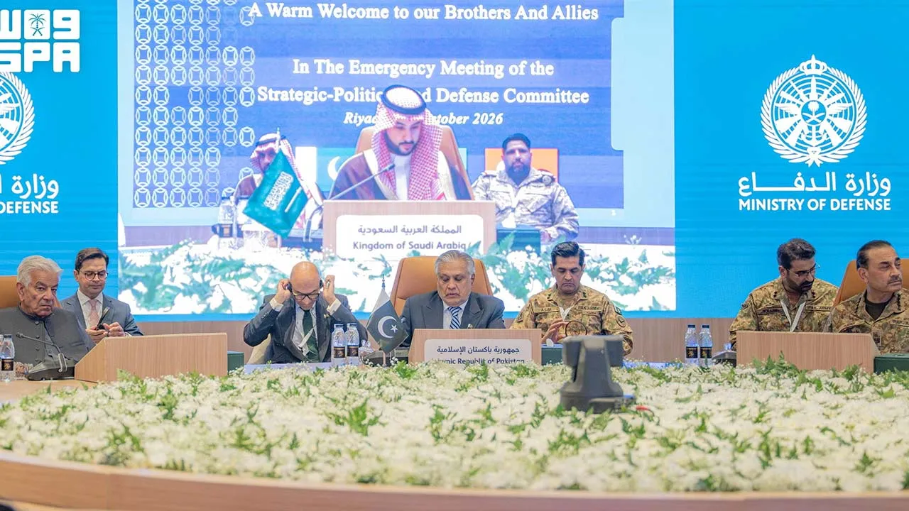 Pakistan's Deputy Prime Minister and Foreign Minister Mohammad Ishaq Dar, and Pakistan's Defence Minister Khawaja Muhammad Asif and Pakistan's Chief of Defence Forces and Chief of Army Staff Field Marshal Asim Munir take part in the Mecca defense pact meeting between Turkey, Saudi Arabia ​and Pakistan in Riyadh, Saudi Arabia, October 5, 2026. Saudi Press Agency/Handout via REUTERS THIS IMAGE HAS BEEN SUPPLIED BY A THIRD PARTY.