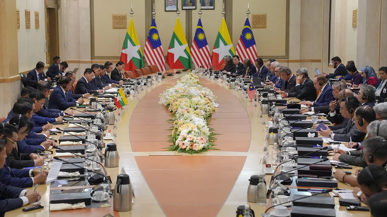 Myanmar’s President Min Aung Hlaing attends a bilateral meeting with Malaysia’s Prime Minister Anwar Ibrahim in Putrajaya, Malaysia, Thursday, Oct. 8, 2026. Azneal Ishak/Pool via REUTERS
