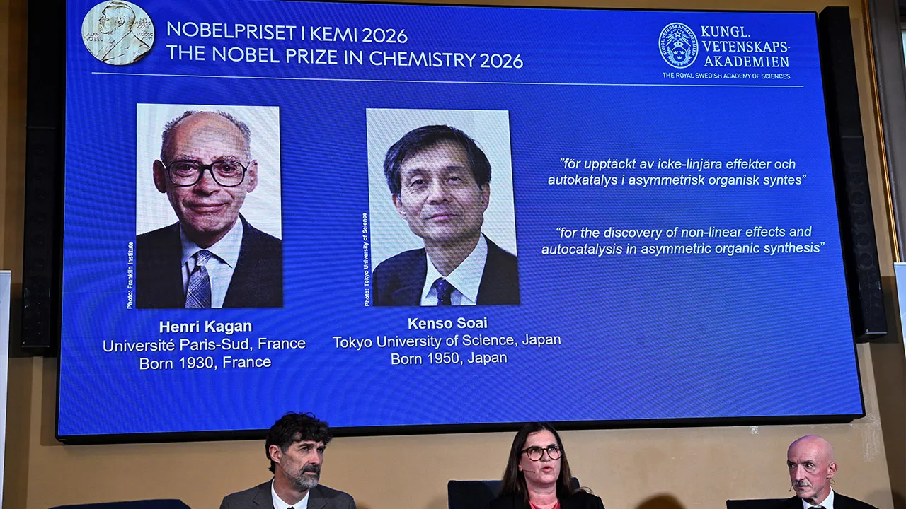 Henri Kagan and Kenso Soai are awarded the 2026 Nobel Prize in Chemistry during a press conference at the Royal Swedish Academy of Sciences in Stockholm, Sweden, October 7, 2026. TT News Agency/Fredrik Sandberg via REUTERS