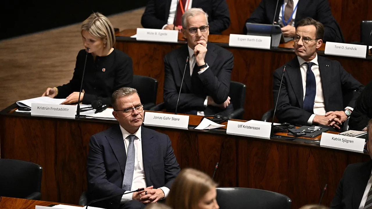 Iceland's Prime MInister Kristrun Frostadottir and Norway's Prime Minister Jonas Gahr Store, Sweden's Prime Minister Ulf Kristersson and Prime Minister of Finland Petteri Orpo attend the opening of the plenary session at the Finnish Parliament during the Nordic Council meeting in Helsinki, Finland, on 27th of October, 2026. Lehtikuva/Roni Rekomaa via REUTERS ATTENTION EDITORS - THIS IMAGE WAS PROVIDED BY A THIRD PARTY. NO THIRD PARTY SALES. NOT FOR USE BY REUTERS THIRD PARTY DISTRIBUTORS. FINLAND OUT. NO CO