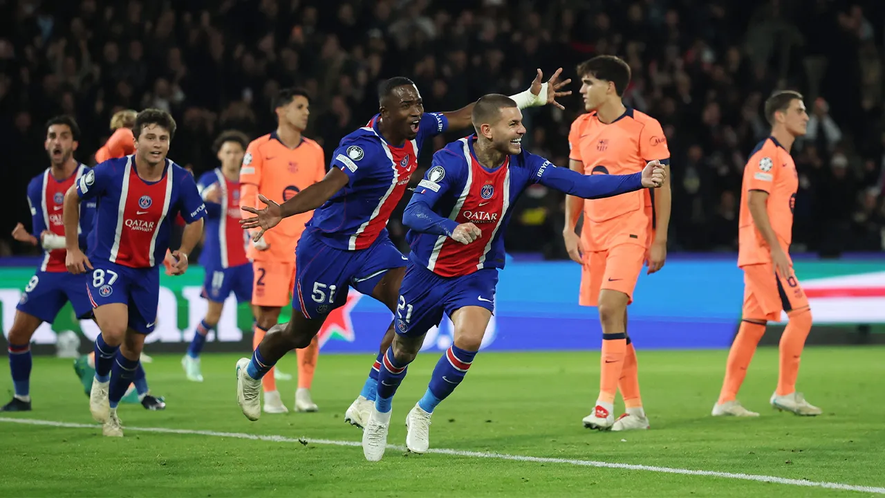Soccer Football - UEFA Champions League - Paris St Germain v FC Barcelona - Parc des Princes, Paris, France - October 20, 2026 Paris St Germain's Lucas Hernandez celebrates scoring their second goal REUTERS/Stephane Mahe
