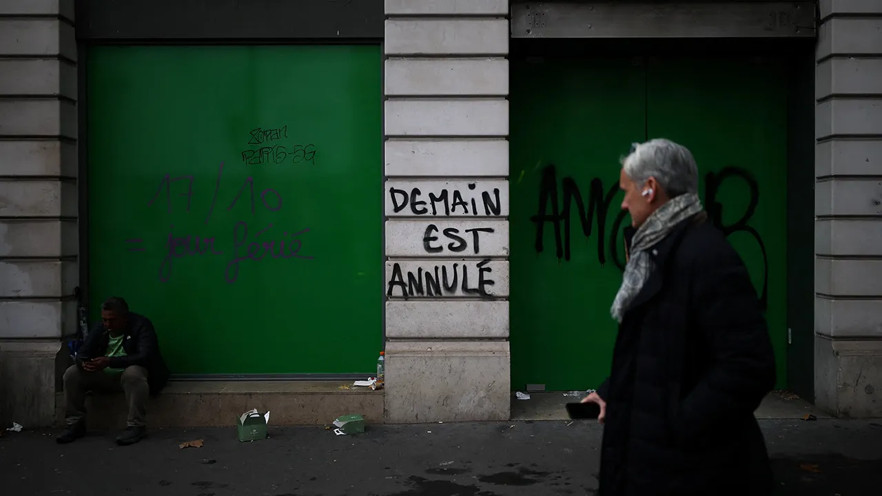 Slogans "17/10 = public holiday" and "Tomorrow is cancelled" are seen written on a store days after nationwide protests against the cost of living and rising fuel prices called by the "Yellow Vests" movement and ahead of a second round of demonstrations in Paris, France, October 21, 2026. REUTERS/Stephane Mahe
