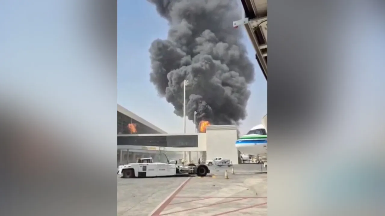 Smoke and flames rise from King Khalid Airport, after Yemen’s Iran-backed Houthis said they attacked the airport, in Riyadh, Saudi Arabia, October 8, 2026, in this screengrab obtained from a social media video. Social Media/via REUTERS