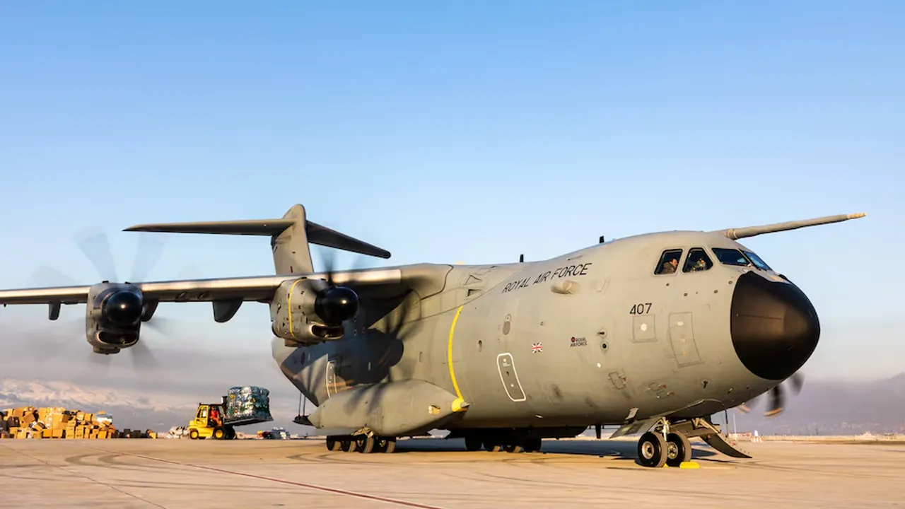 A Royal Air Force A400M Atlas aircraft in Kahramanmaraqs, Turkey, February 10, 2023. Cpl Will Drummee RAF/Handout via REUTERS