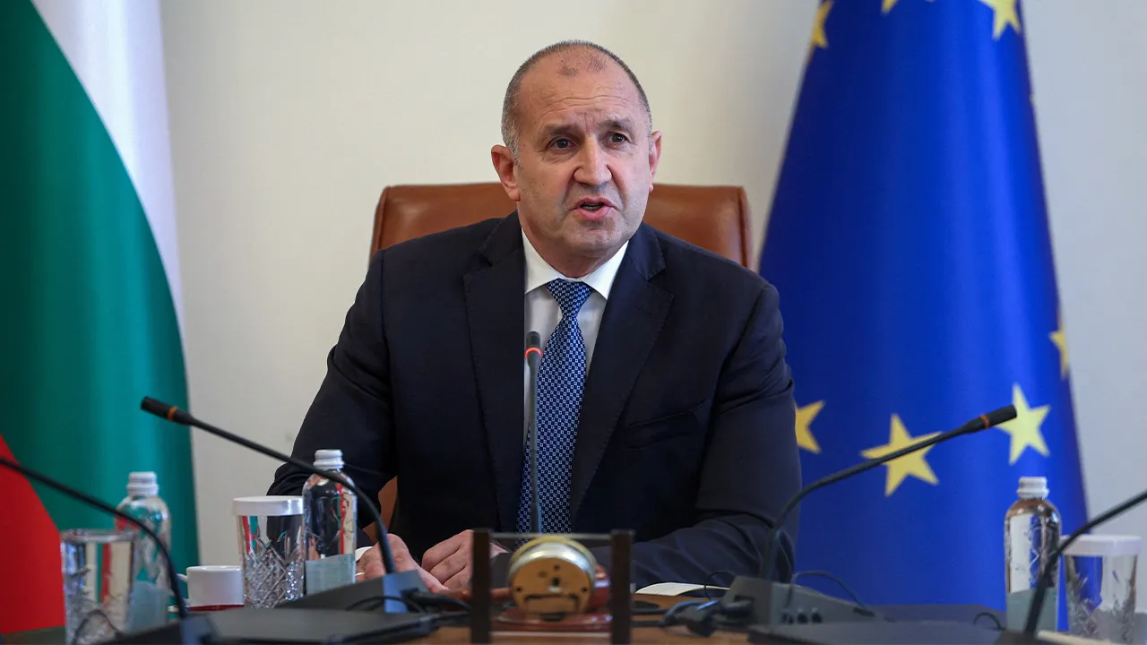 Bulgarian Prime Minister Rumen Radev addresses the media following an incident in Bulgaria's Black Sea economic zone where drones sunk one ship and damaged another, in Sofia, Bulgaria, October 6, 2026. REUTERS/Spasiyana Sergieva