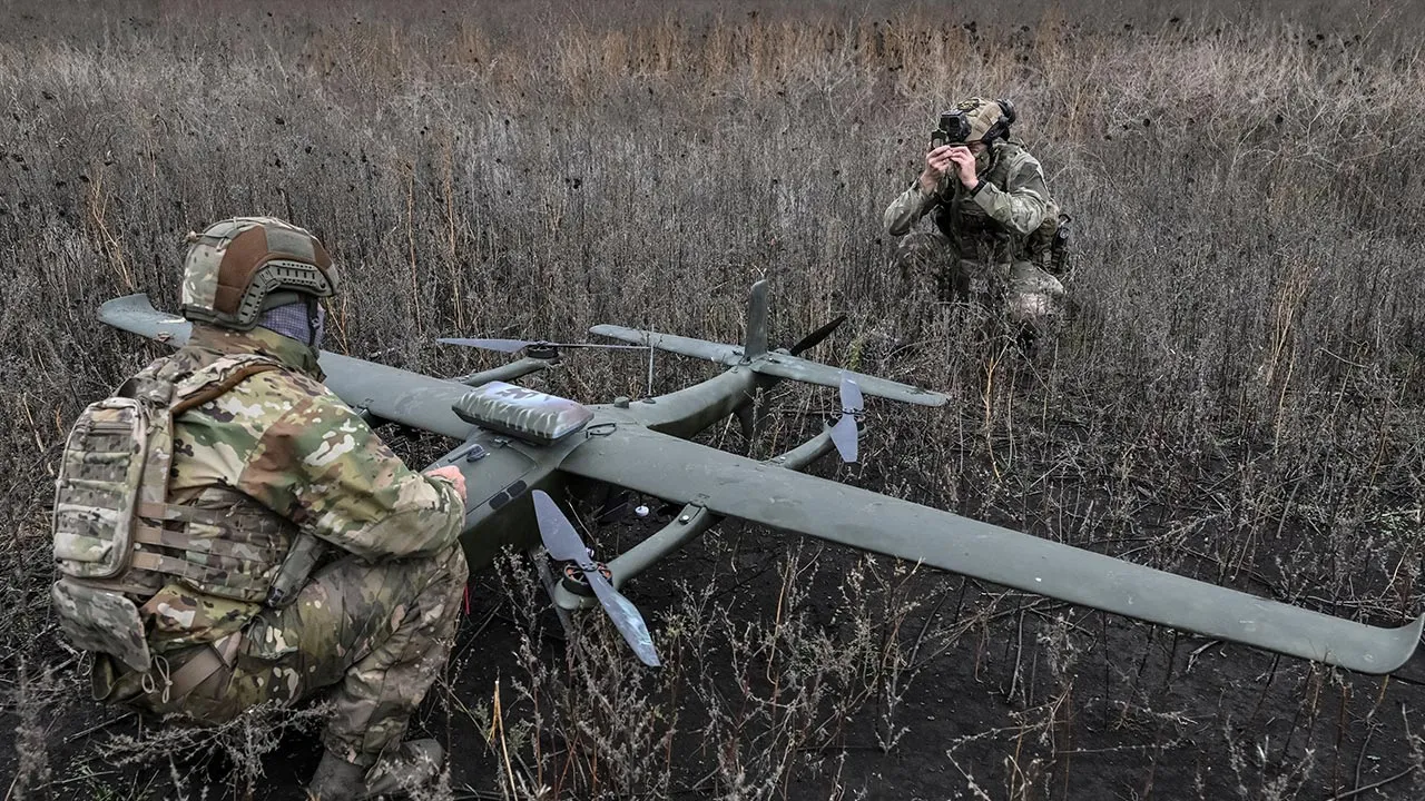 Servicemen of the National Police Special Purpose Battalion Zaporizhzhia region prepare a Gara reconnaissance and strike drone for a flight while they work at a position near a front line, amid Russia's attack on Ukraine, in Donetsk region, Ukraine, October 16, 2026. REUTERS/Stringer