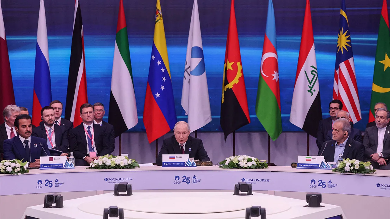 Qatar's Emir Sheikh Tamim bin Hamad Al Thani, Russian President Vladimir Putin and Iranian President Masoud Pezeshkian attend a plenary session of the Summit of Heads of State and Government of the Gas Exporting Countries Forum (GECF) in Moscow, Russia, October 27, 2026. Maxim Shipenkov/Pool via REUTERS