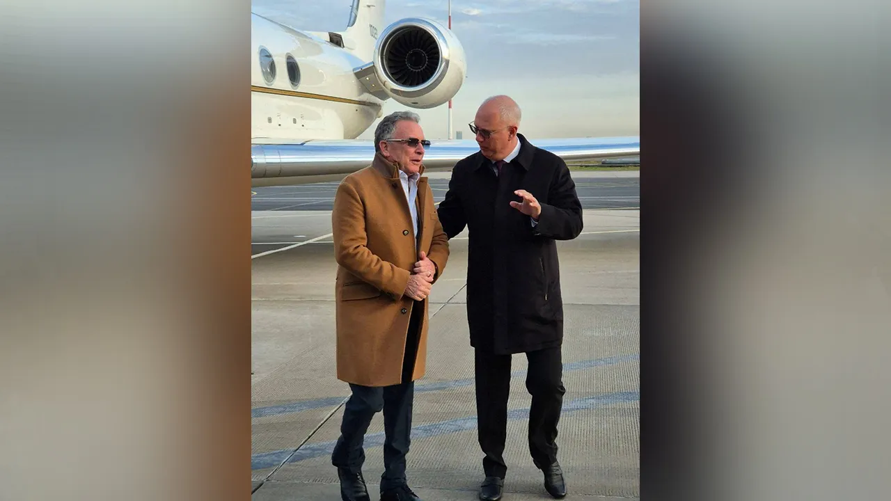 Russian presidential envoy Kirill Dmitriev greets US special envoy Steve Witkoff upon his arrival at Pulkovo Airport in Saint Petersburg, Russia, October 21, 2026. Obtained by Reuters
