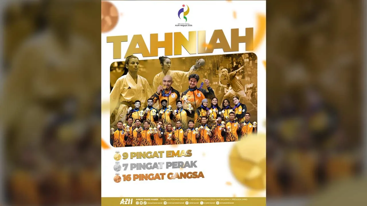 Tahniah dan syabas saya ucapkan kepada seluruh kontinjen Malaysia atas pencapaian membanggakan di Sukan Asia Aichi-Nagoya 2026, dengan kutipan 9 pingat emas, 7 perak dan 16 gangsa. Setiap pingat yang diraih merupakan hasil kerja keras, disiplin dan semangat juang para atlet negara.