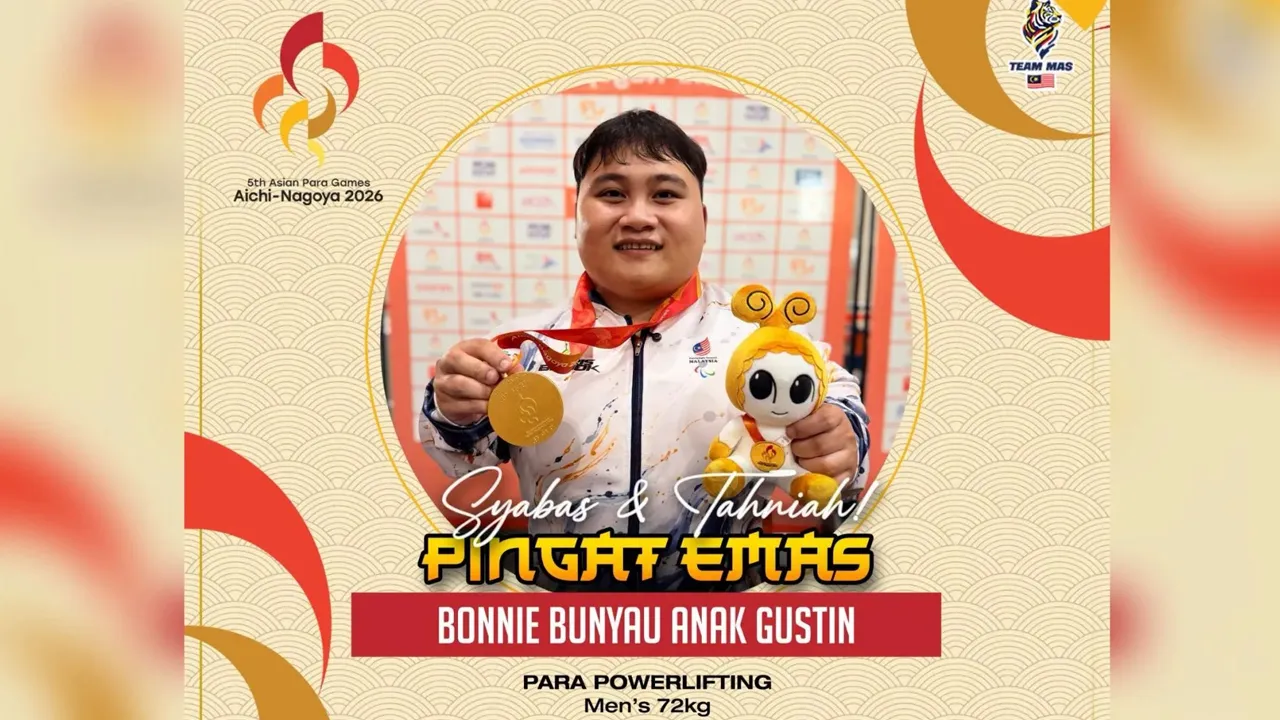 Jaguh powerlifting negara, Bonnie Bunyau Gustin, sekali lagi membuktikan penguasaan mutlaknya di pentas antarabangsa apabila merangkul pingat emas bagi acara powerlifting B72 kg lelaki dalam Sukan Para Asia Aichi-Nagoya di Pusat Perdagangan dan Industri Bandar Nagoya, hari ini.