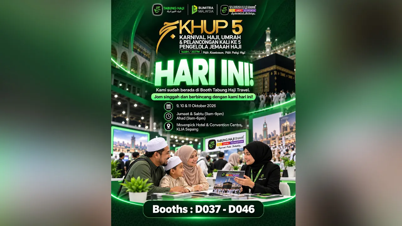 Datanglah jumpa kami di KHUP 5.💫 Boleh duduk, sembang, tanya apa yang bermain di fikiran. Pasal pakej, penerbangan, hotel, itinerari. Kita bincang elok-elok sampai jadi, InsyaALLAH (Dengan izin ALLAH).  📍 Mövenpick Hotel & Convention Centre KLIA, Sepang 📌 Booth Tabung Haji Travel: D037–D046 kredit: FB Tabung Haji Travel