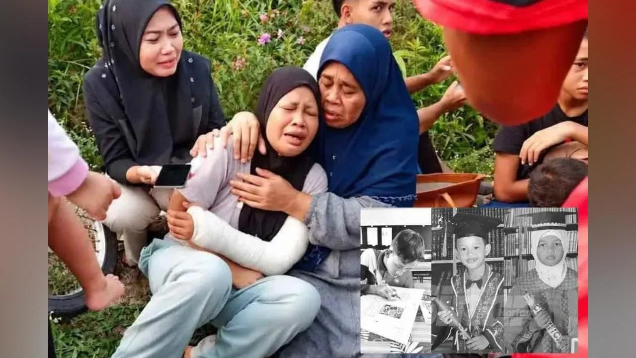 Ibu mangsa tidak dapat menahan kesedihan apabila diberitahu tiga anaknya maut dalam kemalangan dalam perjalanan dari sekolah. -- SINAR HARIAN