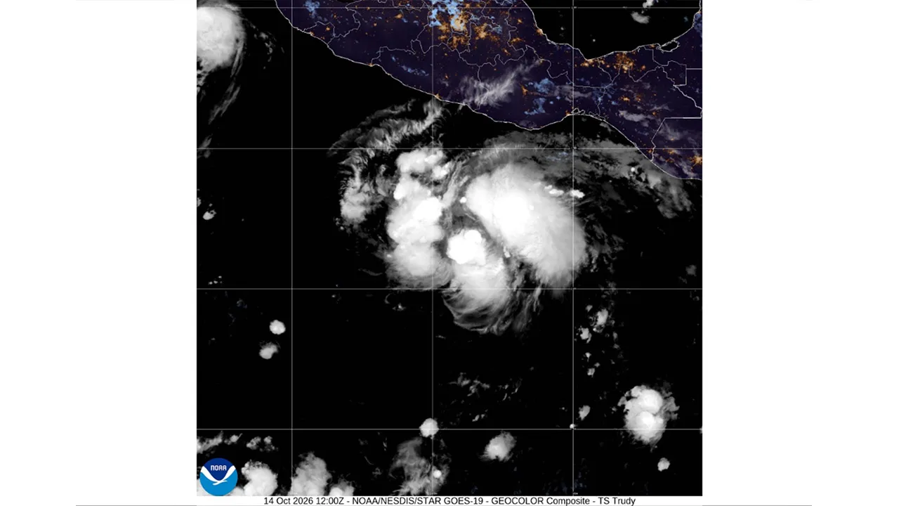 This satellite image from the National Oceanic and Atmospheric Administration shows Tropical Storm Trudy in the Pacific, Wednesday, Oct. 14, 2026. (NOAA via AP)