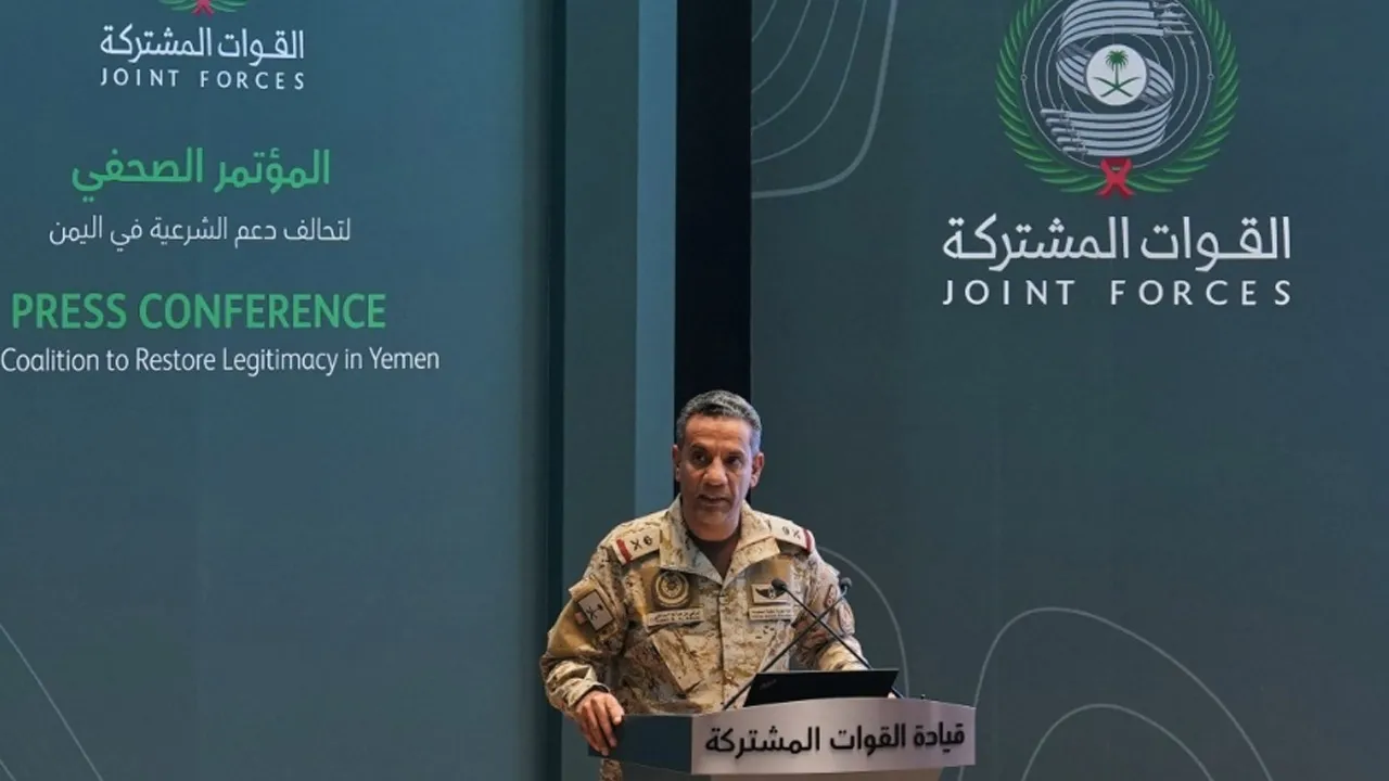 Saudi-led coalition spokesman Maj. Gen. Turki al-Maliki speaks during a press conference in Riyadh, Saudi Arabia, Thursday, Oct. 15, 2026. (AP Photo/Baraa Anwer)