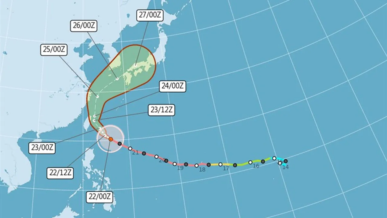 Taipei, Oct. 22 (CNA) The Central Weather Administration (CWA) issued a land warning Thursday morning for Typhoon Champi, which is expected to bring heavy rain and strong winds to Taiwan through Saturday._The Central Weather Administration (CWA)