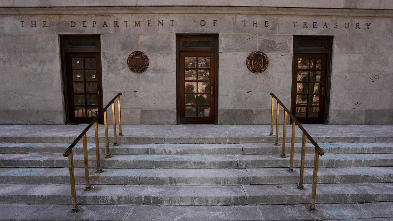 A general view of the entrance to the U.S. Department Of The Treasury on day two of a partial government shutdown in Washington, D.C., U.S., February 1, 2026. REUTERS/Ken Cedeno