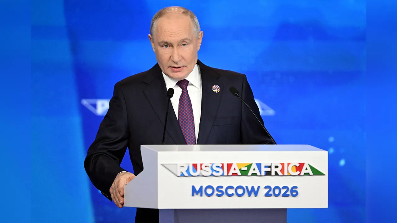 Russian President Vladimir Putin gives a speech during the Russia-Africa economic and humanitarian forum at the Gostiny Dvor conference centre in central Moscow, Russia, October 28, 2026. Igor Ivanko/Pool via REUTERS