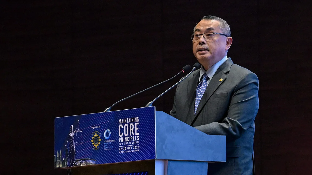 Chief Justice Tun Wan Ahmad Farid Wan Salleh delivers his speech during the International Malaysia Law Conference 2026 at Malaysia International Trade and Exhibition Centre (MITEC) today.  --fotoBERNAMA