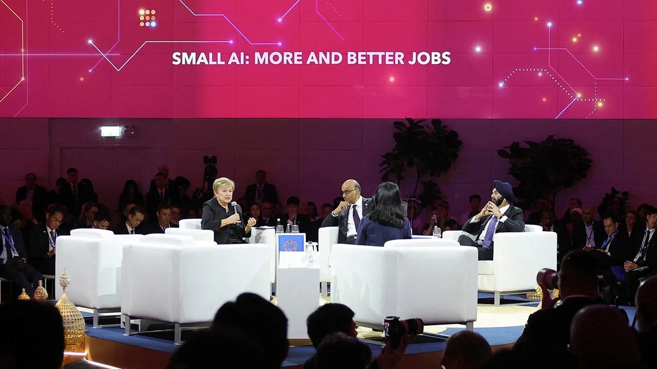 International Monetary Fund (IMF) Managing Director Kristalina Georgieva speaks as Singapore's President Tharman Shanmugaratnam and President of the World Bank Group Ajay Banga look on during the IMF/World Bank 2026 Annual Meetings at the Queen Sirikit National Convention Center (QSNCC) in Bangkok, Thailand, October 12, 2026. REUTERS/Athit Perawongmetha