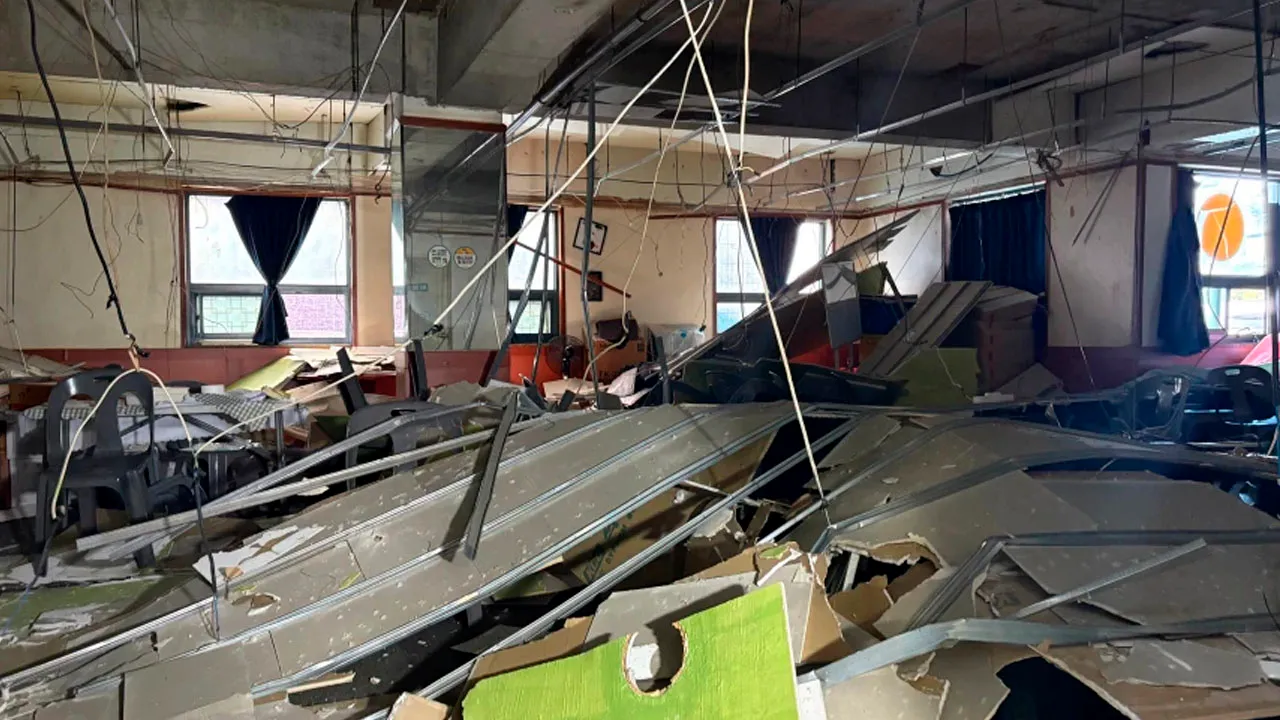 A general view of a scene after parts of a plaster ceiling collapsed at a building in Daegu, South Korea, Saturday, Oct. 10, 2026. (Kim Hyun-tae/Yonhap via AP