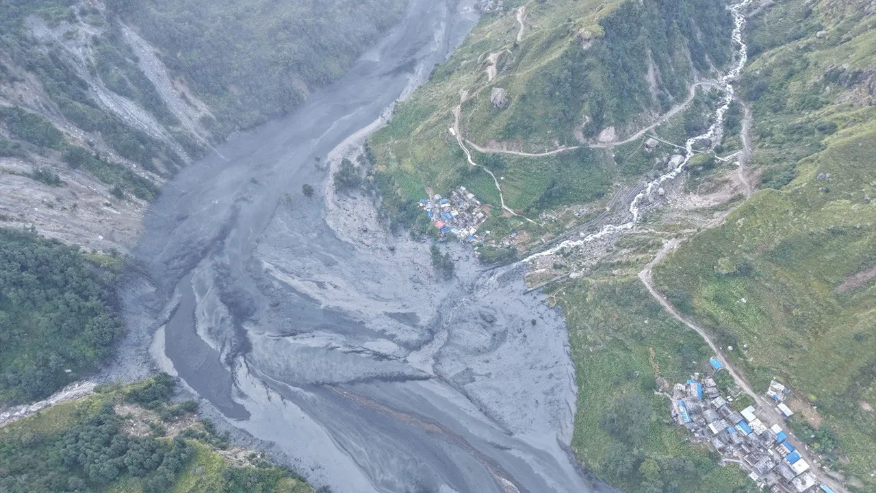 A drone view shows the areas affected by flooding of Budhi Gandaki River following a dry landslide in Chumnubri village, Gorkha district, Nepal, in this handout obtained by Reuters on October 11, 2026. National Trust for Nature Conservation-Manaslu Conservation Area Project (NTNC-MCAP)/Handout via REUTERS