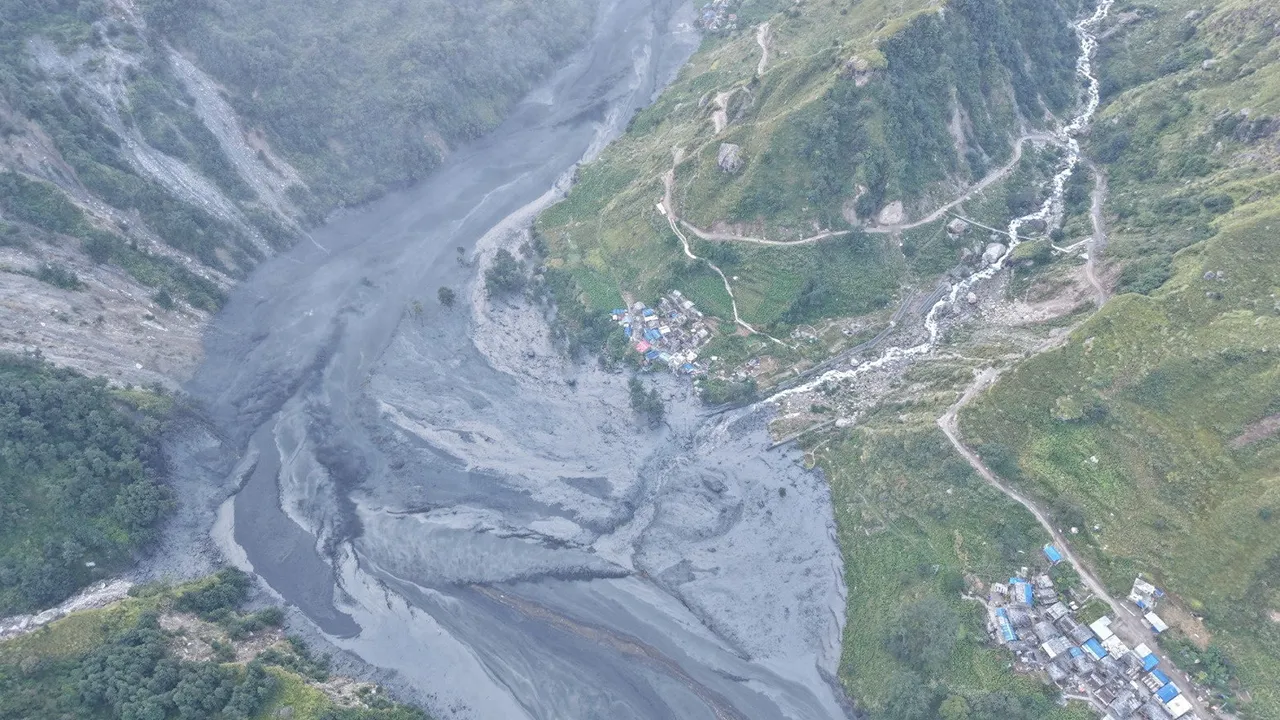 A drone view shows the areas affected by flooding of Budhi Gandaki River following a dry landslide in Chumnubri village, Gorkha district, Nepal, in this handout obtained by Reuters on October 11, 2026. National Trust for Nature Conservation-Manaslu Conservation Area Project (NTNC-MCAP)/Handout via REUTERS