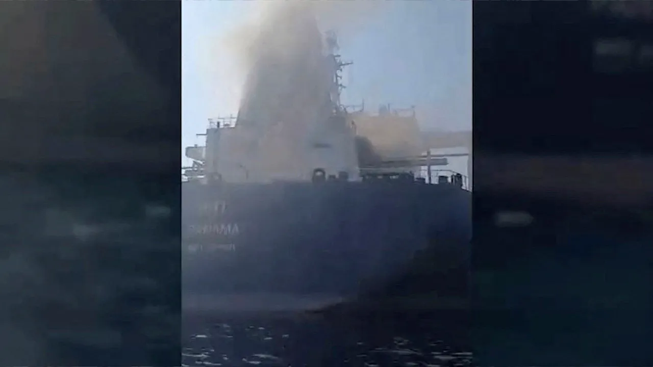 Smoke rises from the oil tanker RITI in the Gulf of Oman, in this screengrab from a video released on October 30, 2026. IRINN/via REUTERS