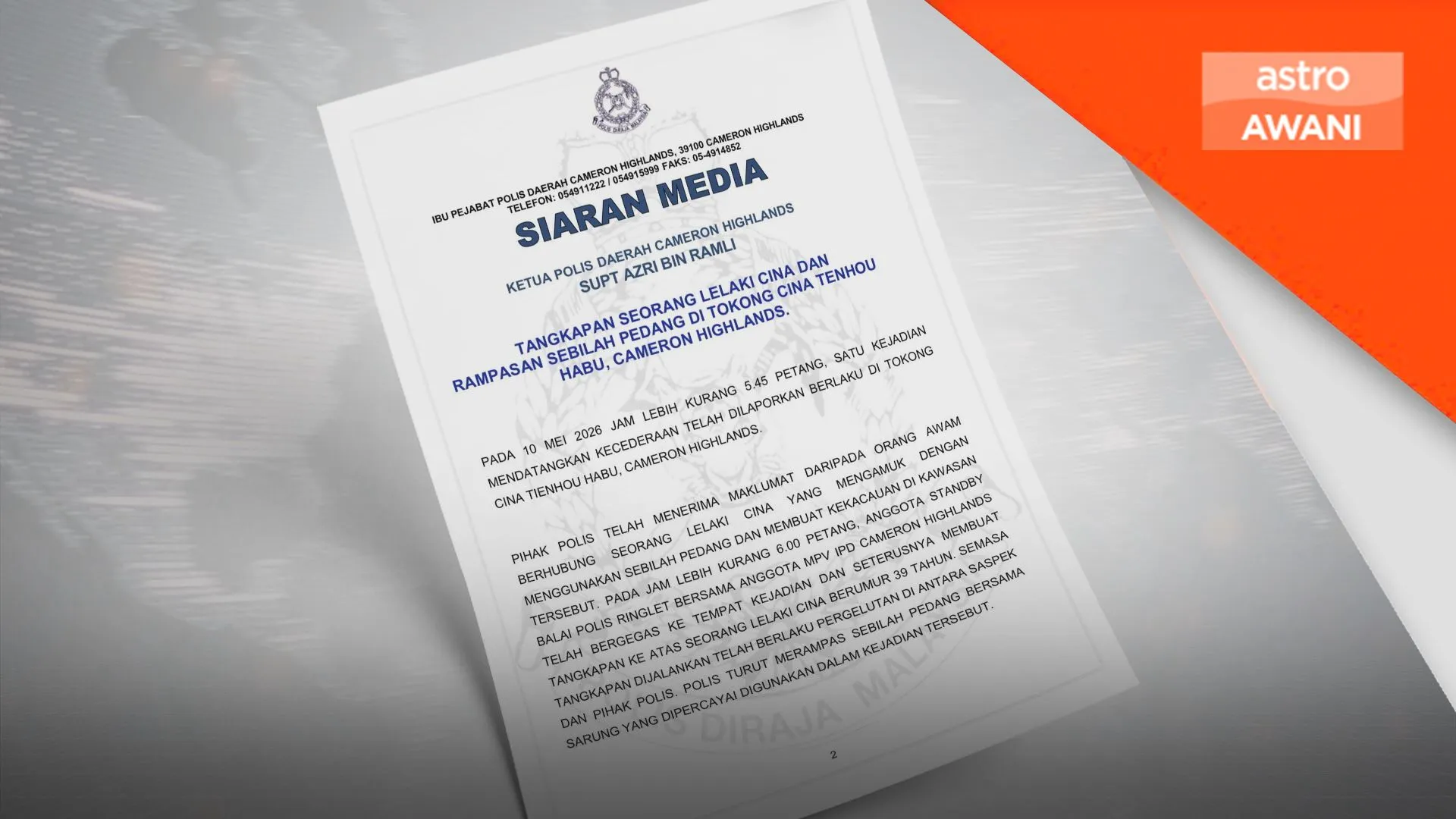 Lelaki ditahan disyaki cederakan individu guna pedang di tokong Cameron Highlands