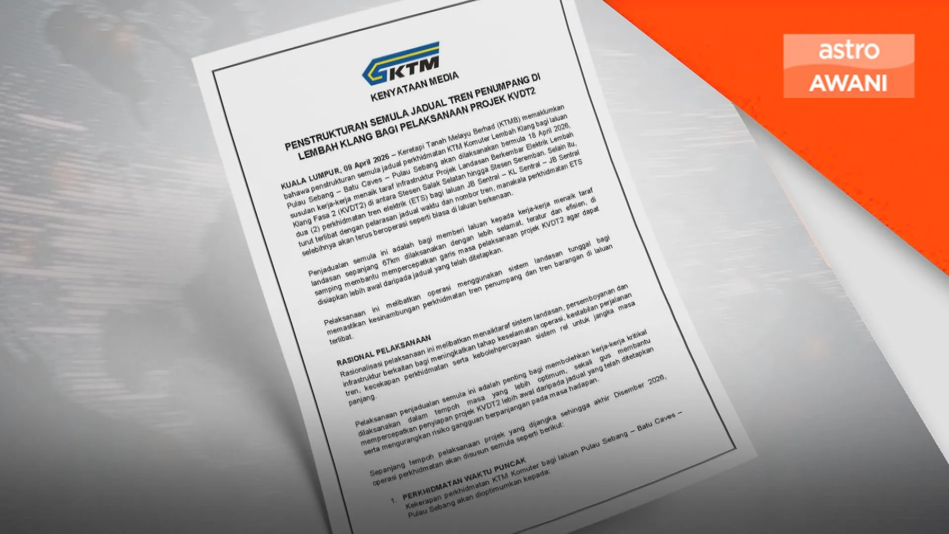 KTMB laksana penstrukturan semula jadual tren Lembah Klang