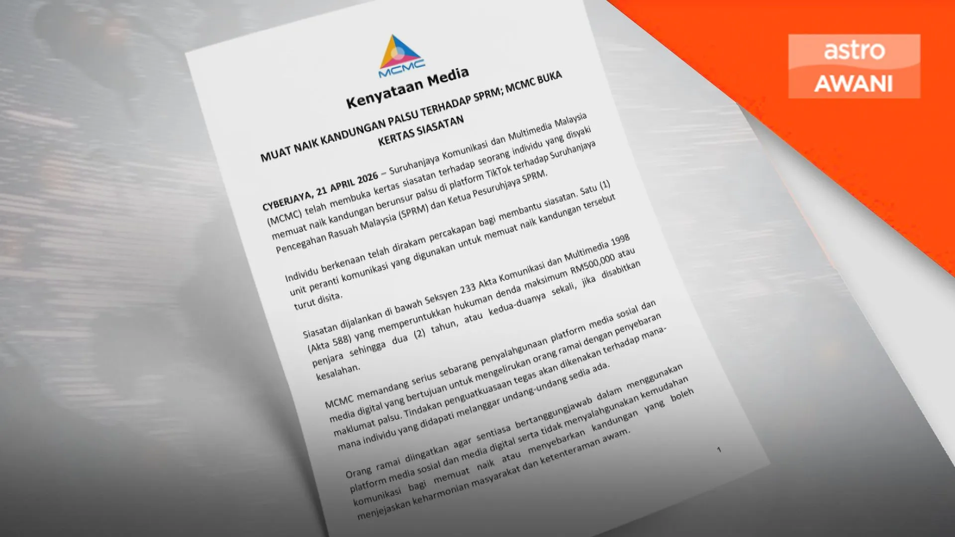 MCMC buka kertas siasatan kes kandungan palsu libat SPRM