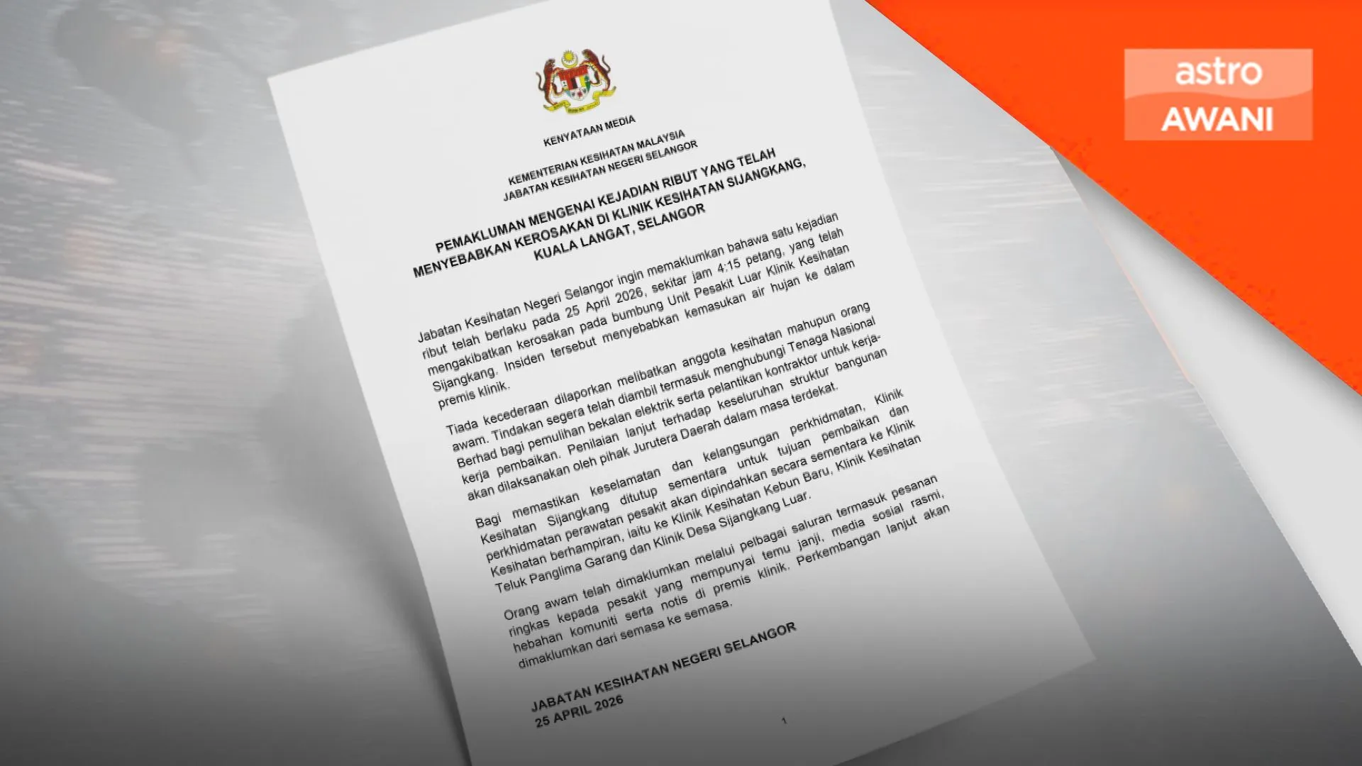 Bumbung rosak, Klinik Kesihatan Sijangkang ditutup sementara