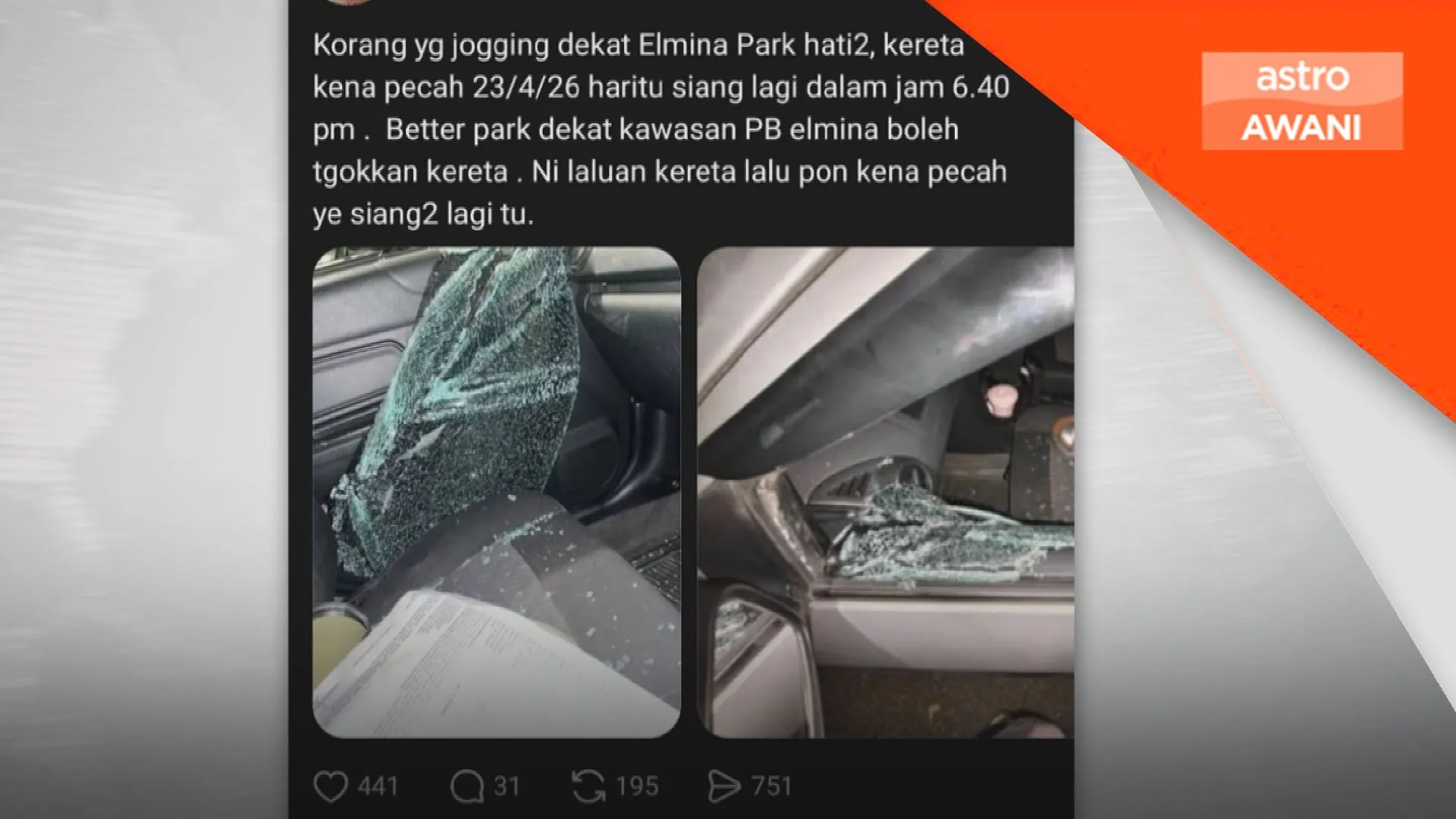 Beberapa cermin kereta pengunjung Elmina Park dipecahkan