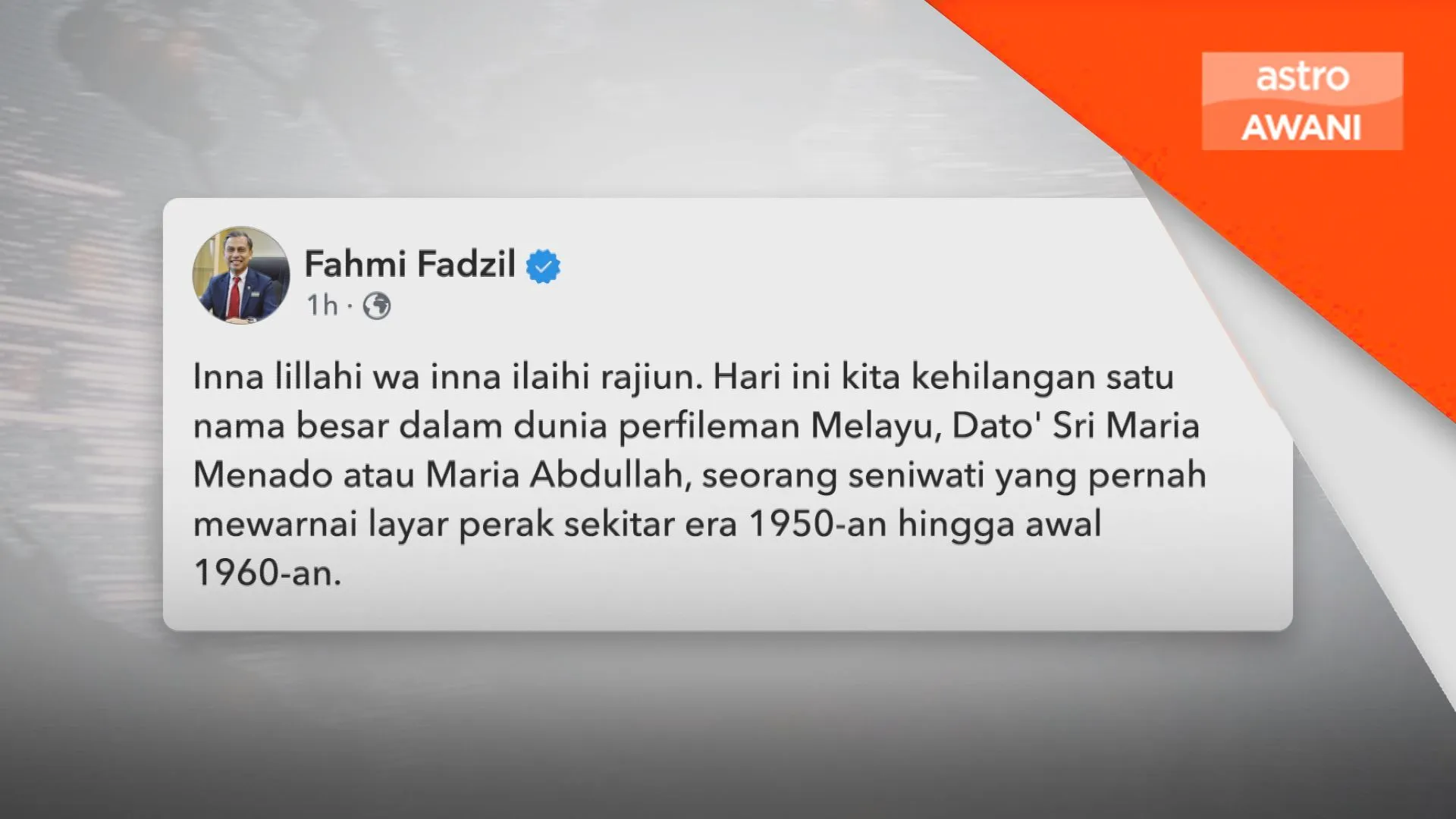 Pemergian Maria Menado, satu kehilangan besar dunia perfileman Melayu