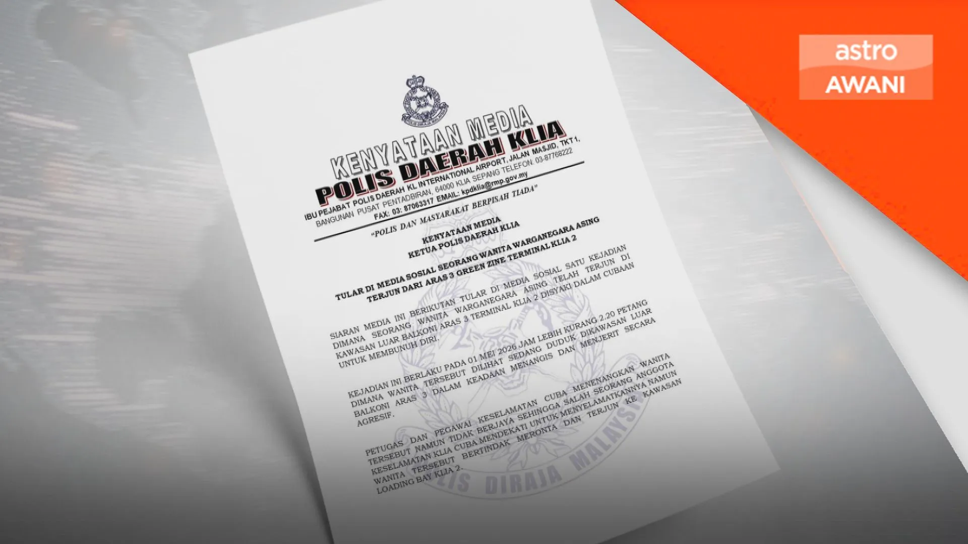 Wanita warga China maut terjatuh dari aras 3 KLIA 2