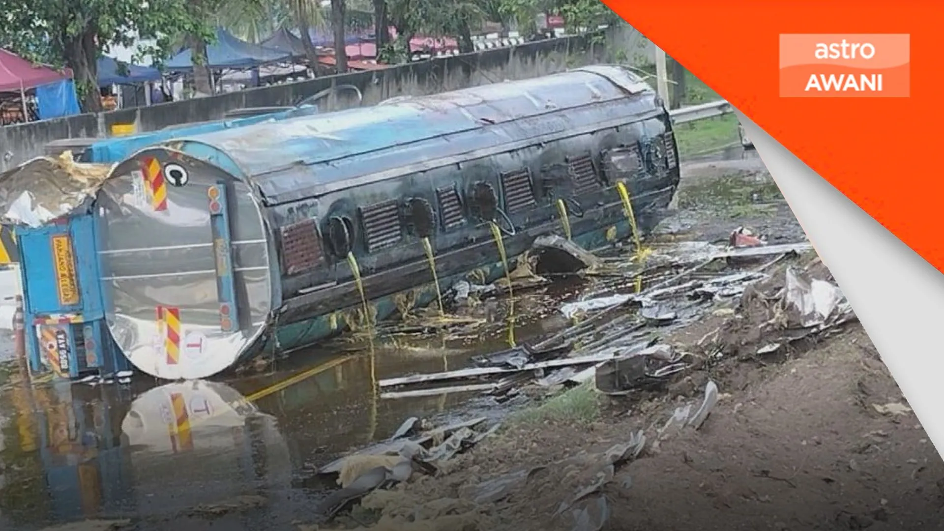 Tangki minyak sawit tercabut dari lori di Lebuh Raya Klang