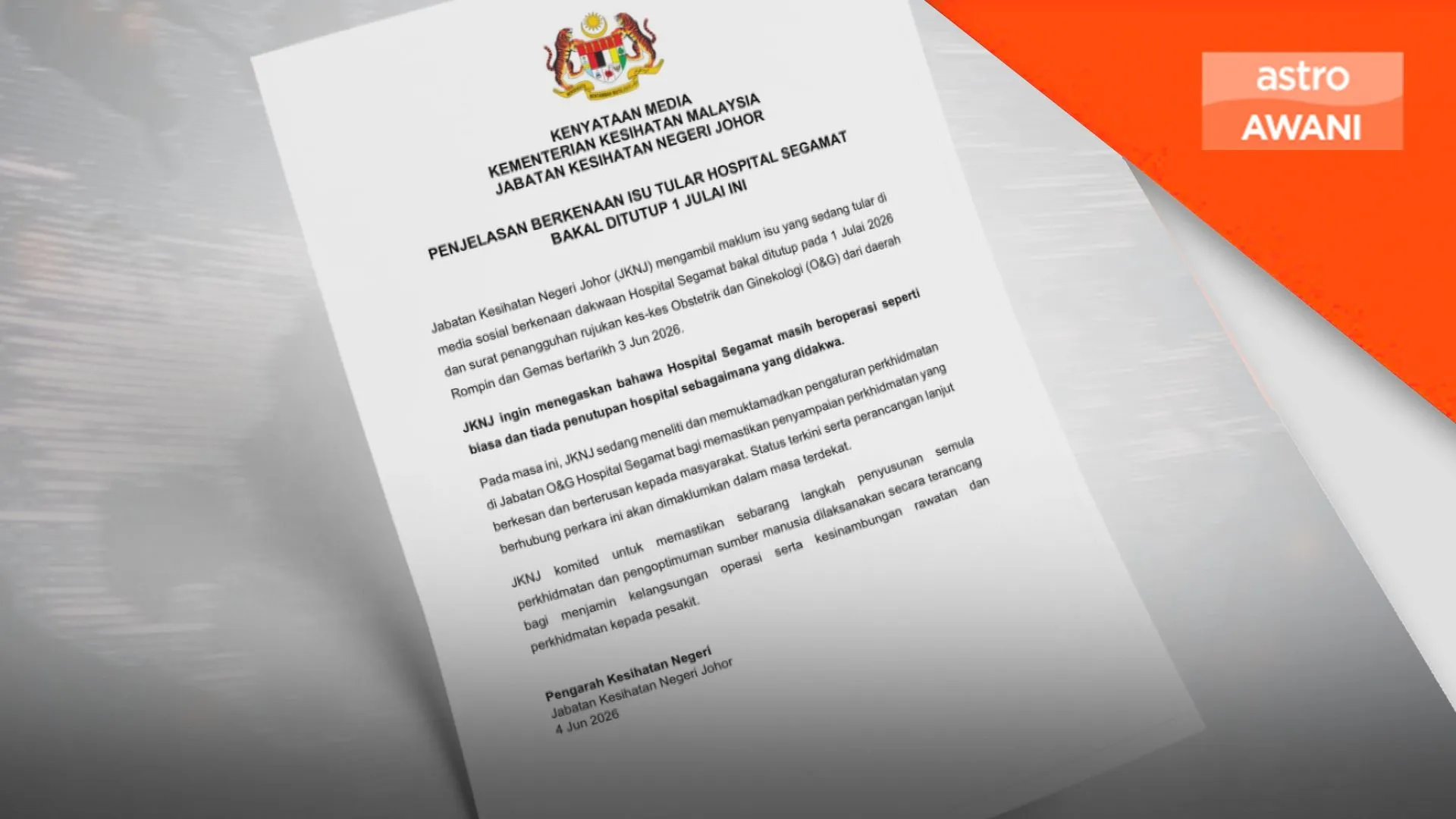 Berita palsu: JKNJ nafi dakwaan Hospital Segamat akan ditutup