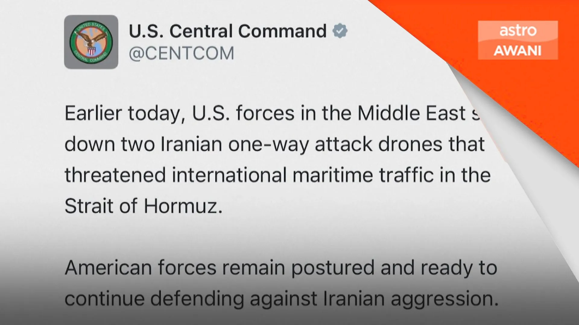 AS tembak jatuh dua dron Iran di Selat Hormuz