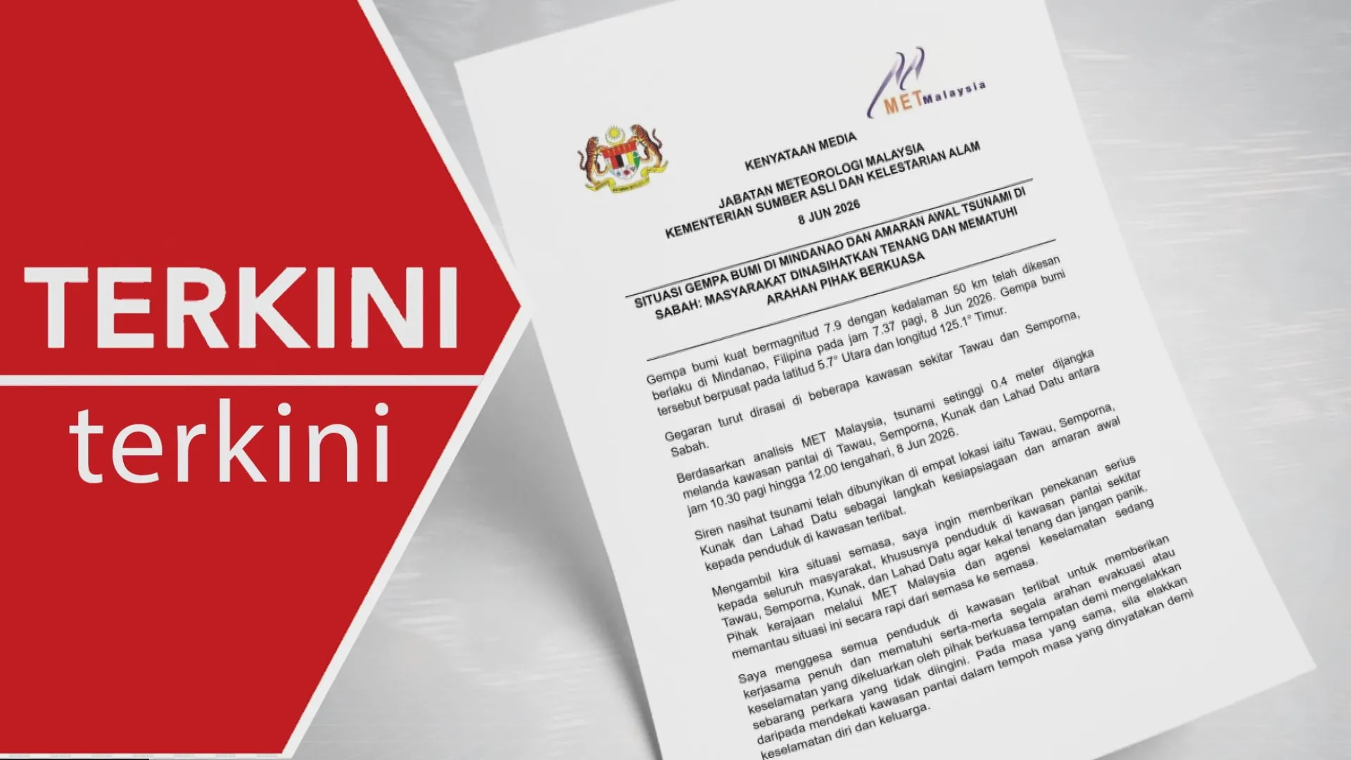 [TERKINI] Amaran tsunami: Setinggi 0.4 meter di Tawau, Semporna, Kunak, Lahad Datu