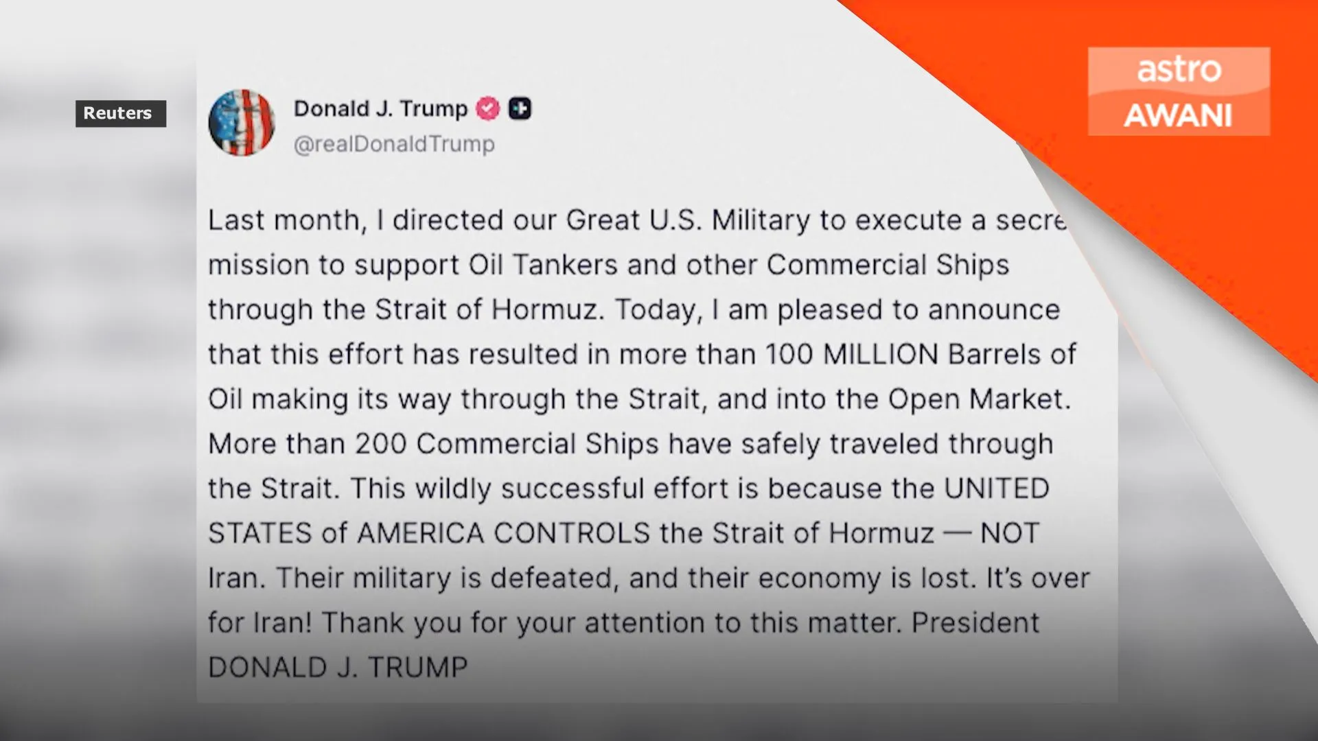 Trump dakwa AS melalukan 100 juta tong minyak di Selat Hormuz