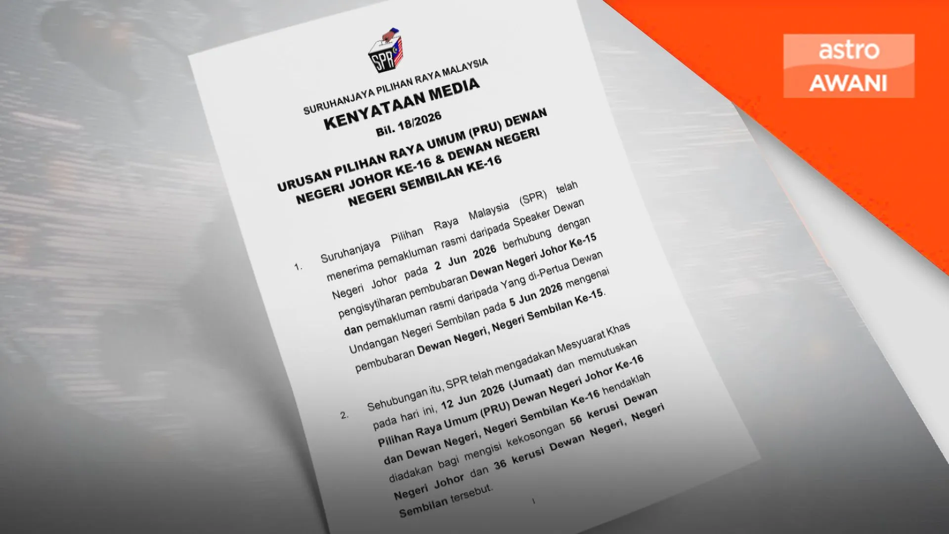 SPR peruntuk RM167.4 juta untuk PRN Johor, Negeri Sembilan